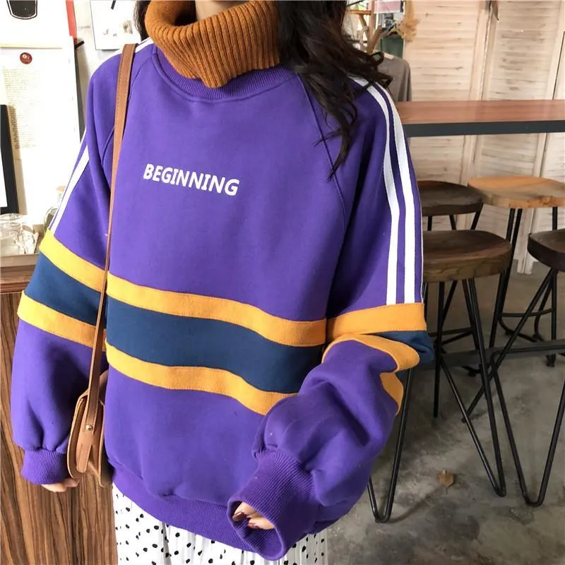 Warm Turtleneck Beginning Letter Print Striped Sweatshirt