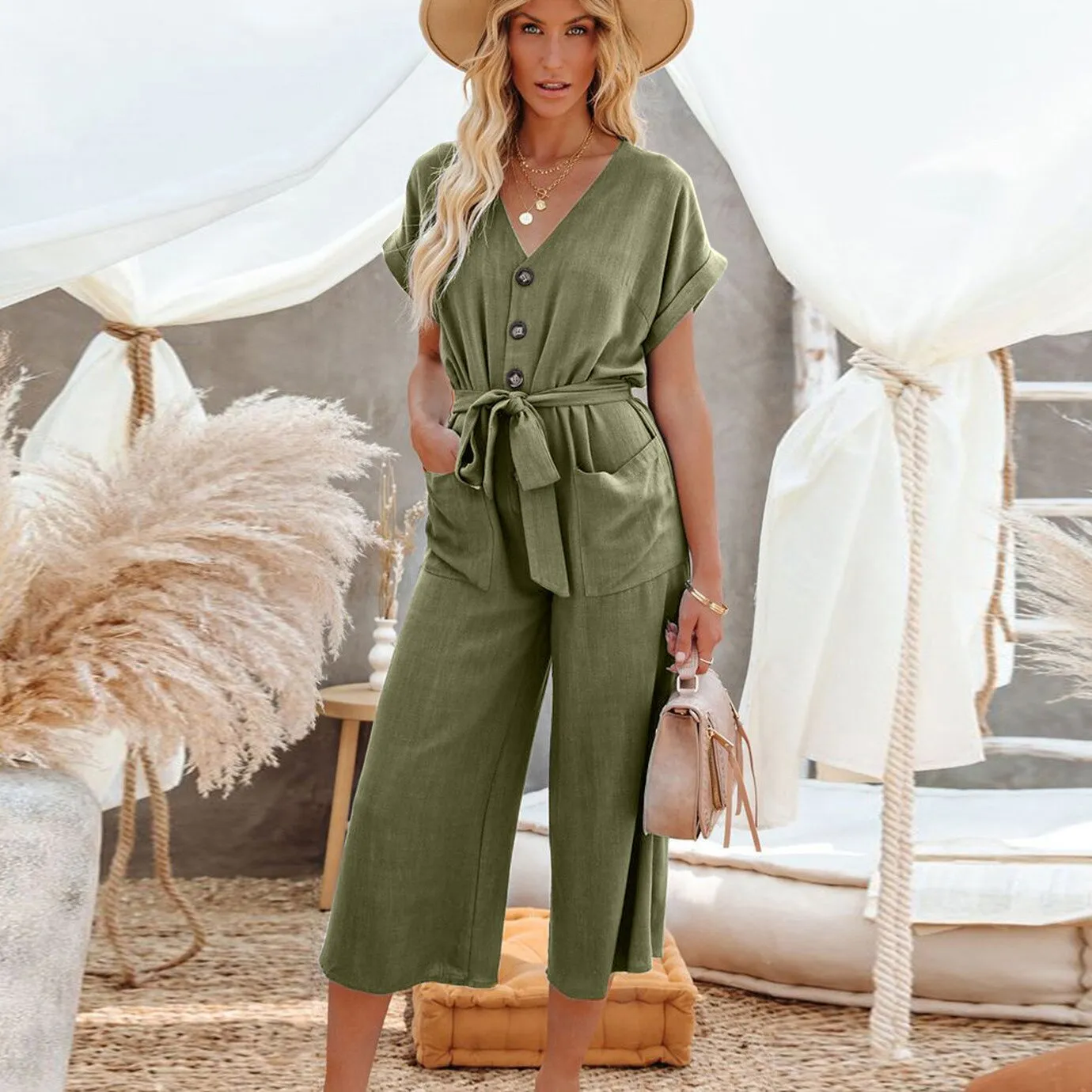 Wenkouban Summer Bandage Jumpsuit Women Short Sleeve V Neck Button Playsuit Casual Loose Belted Romper With Pockets Solid Woman Jumpsuit