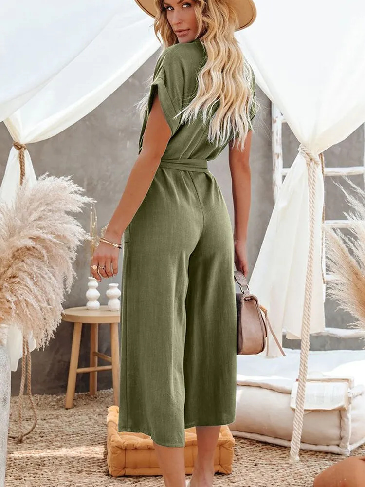 Wenkouban Summer Bandage Jumpsuit Women Short Sleeve V Neck Button Playsuit Casual Loose Belted Romper With Pockets Solid Woman Jumpsuit