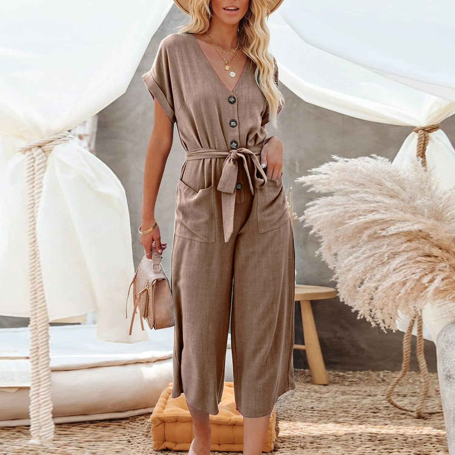 Wenkouban Summer Bandage Jumpsuit Women Short Sleeve V Neck Button Playsuit Casual Loose Belted Romper With Pockets Solid Woman Jumpsuit