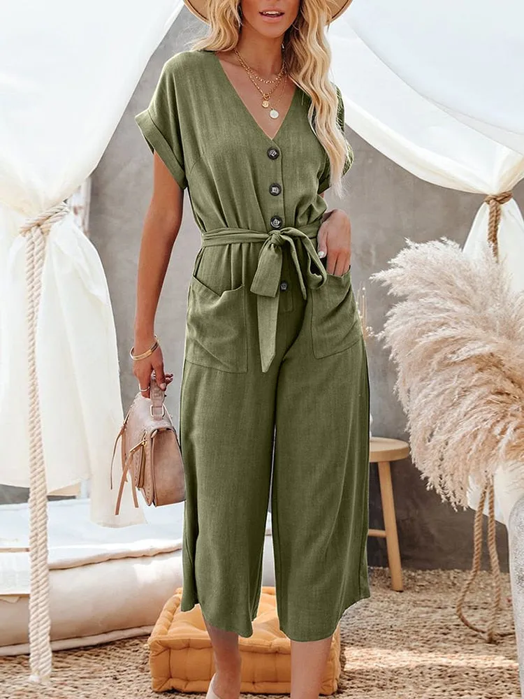 Wenkouban Summer Bandage Jumpsuit Women Short Sleeve V Neck Button Playsuit Casual Loose Belted Romper With Pockets Solid Woman Jumpsuit