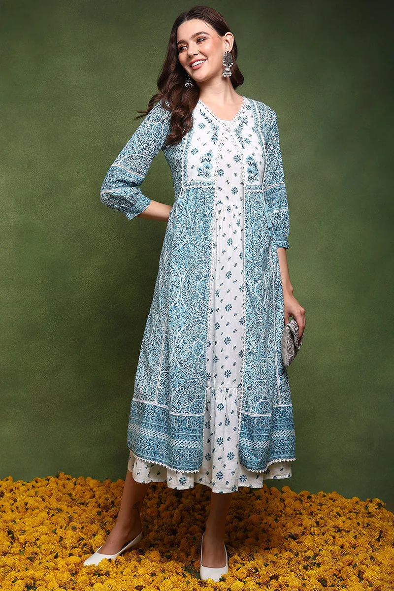 White And Blue Cotton Ethnic Motifs Printed Maxi Ethnic Dress With Longline Shrug