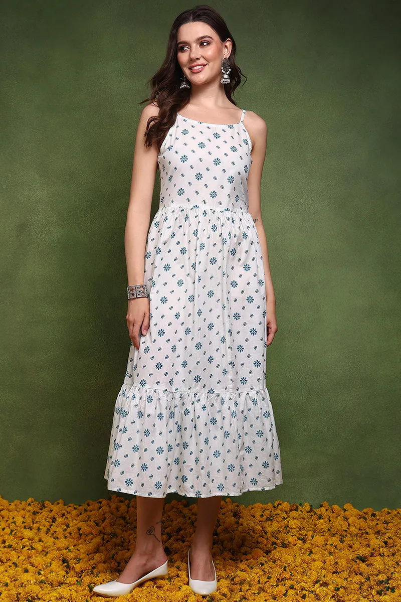 White And Blue Cotton Ethnic Motifs Printed Maxi Ethnic Dress With Longline Shrug