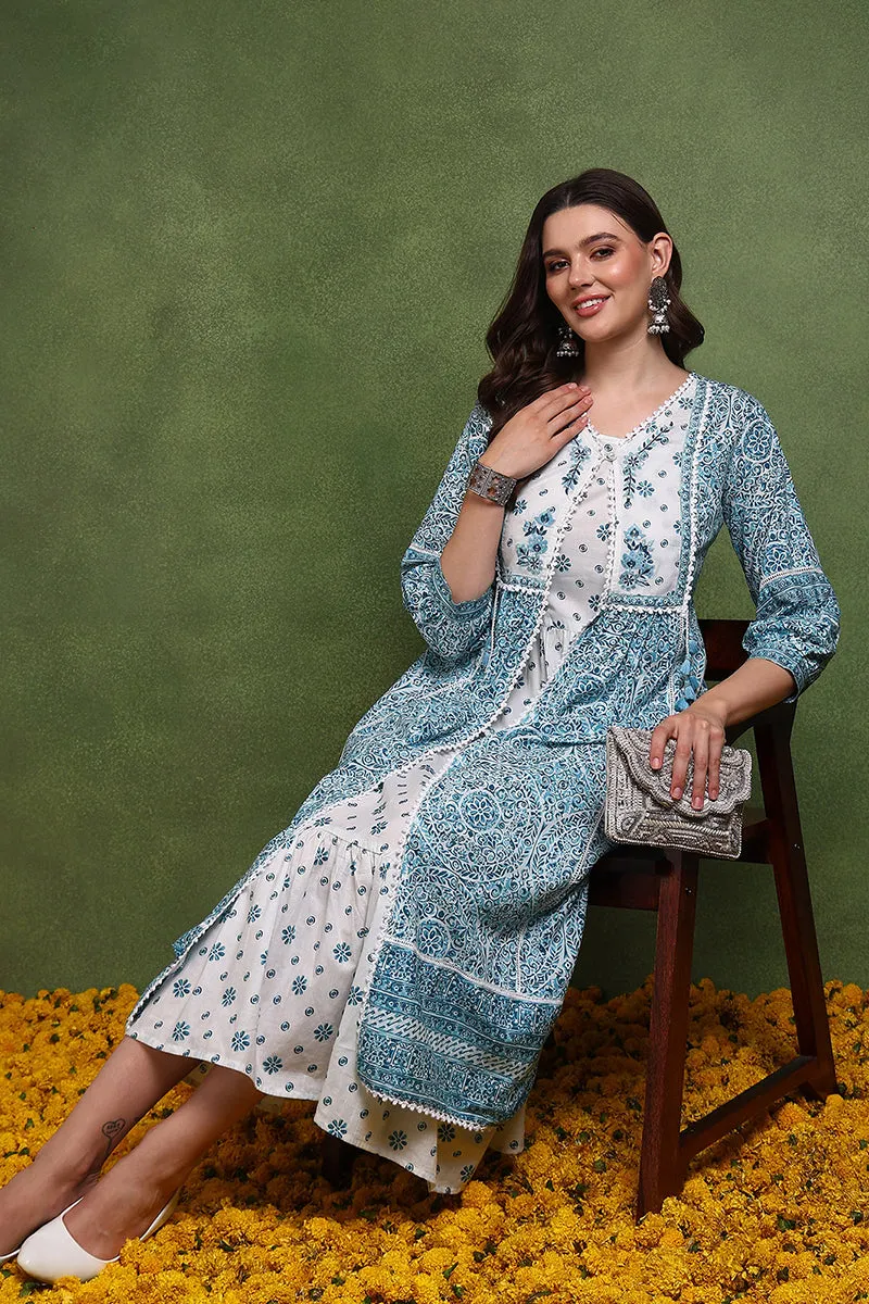 White And Blue Cotton Ethnic Motifs Printed Maxi Ethnic Dress With Longline Shrug