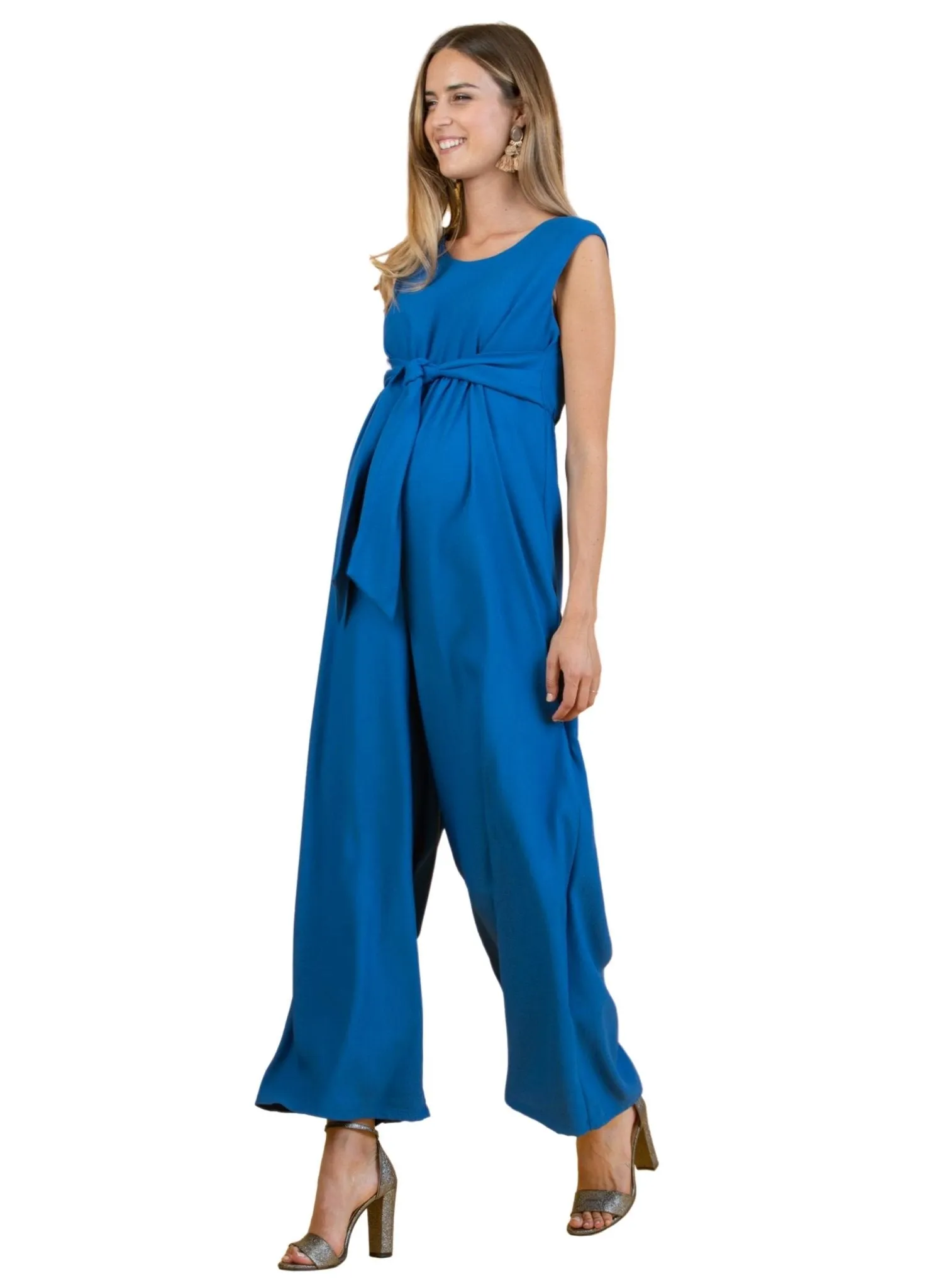 Wide Leg Maternity Jumpsuit with Front Ribbon - Blue