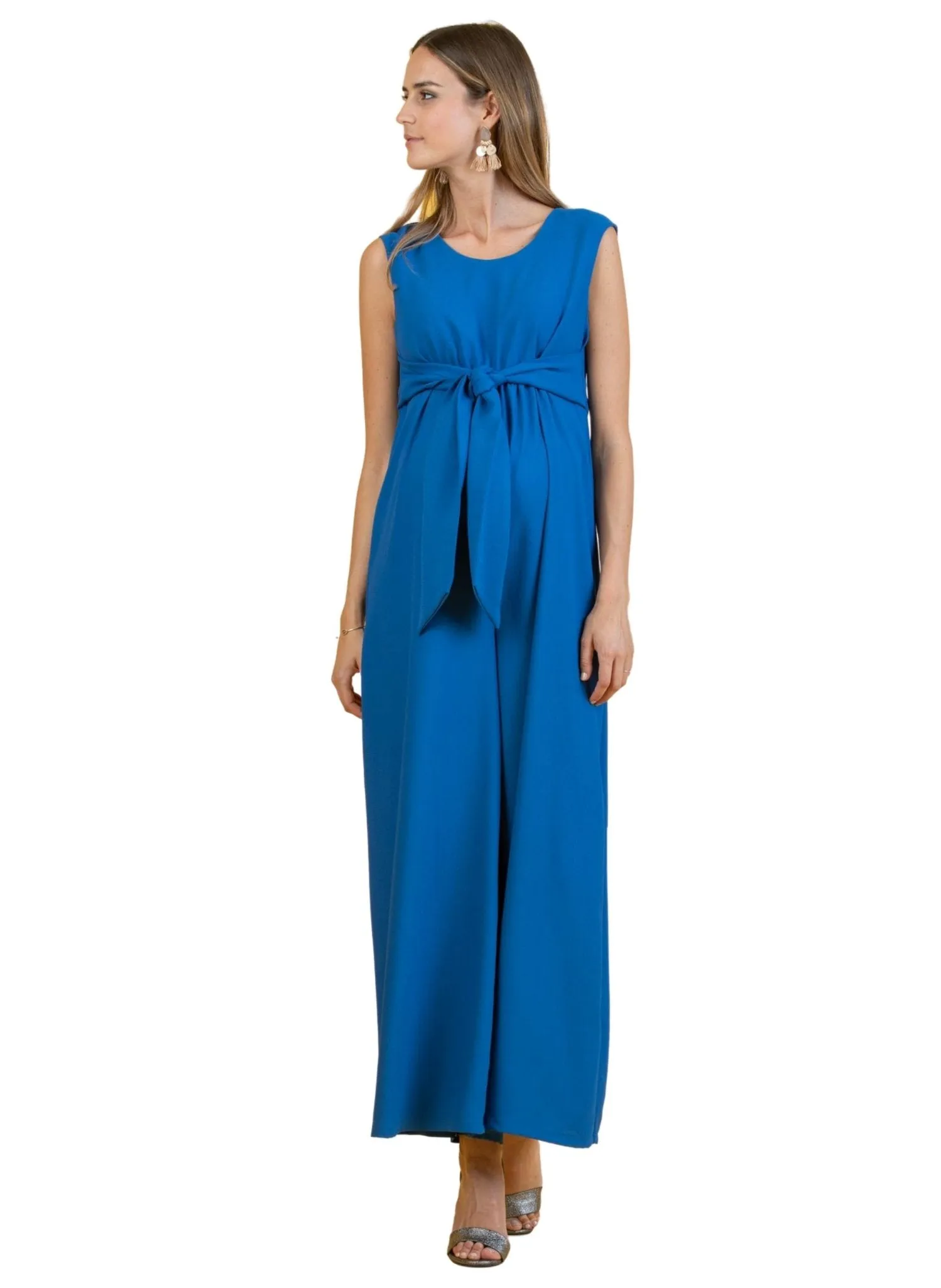 Wide Leg Maternity Jumpsuit with Front Ribbon - Blue