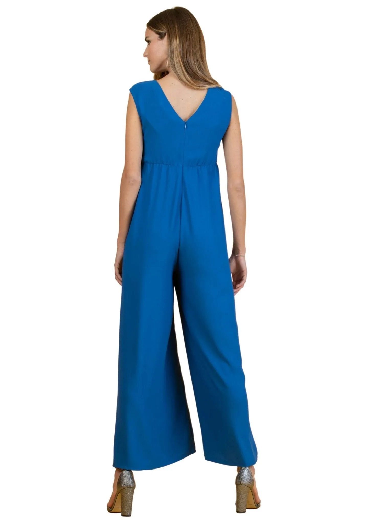 Wide Leg Maternity Jumpsuit with Front Ribbon - Blue