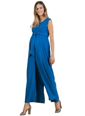 Wide Leg Maternity Jumpsuit with Front Ribbon - Blue