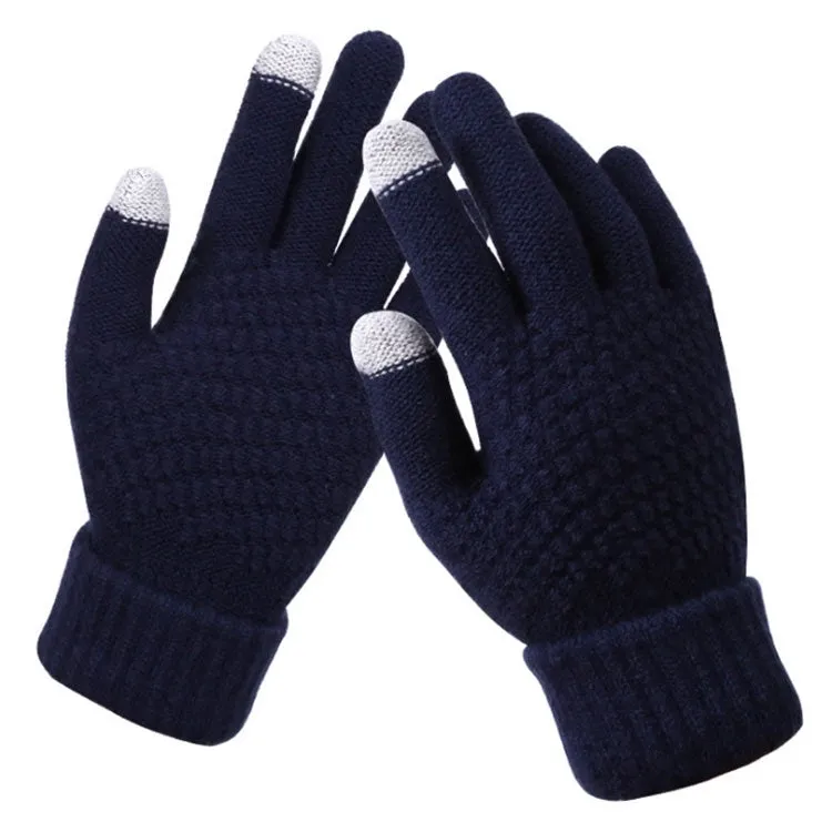 Winter Touch Screen Gloves Women Men Warm Stretch Knit Mittens Imitation Wool Thicken Full Finger Gloves(Navy Blue)