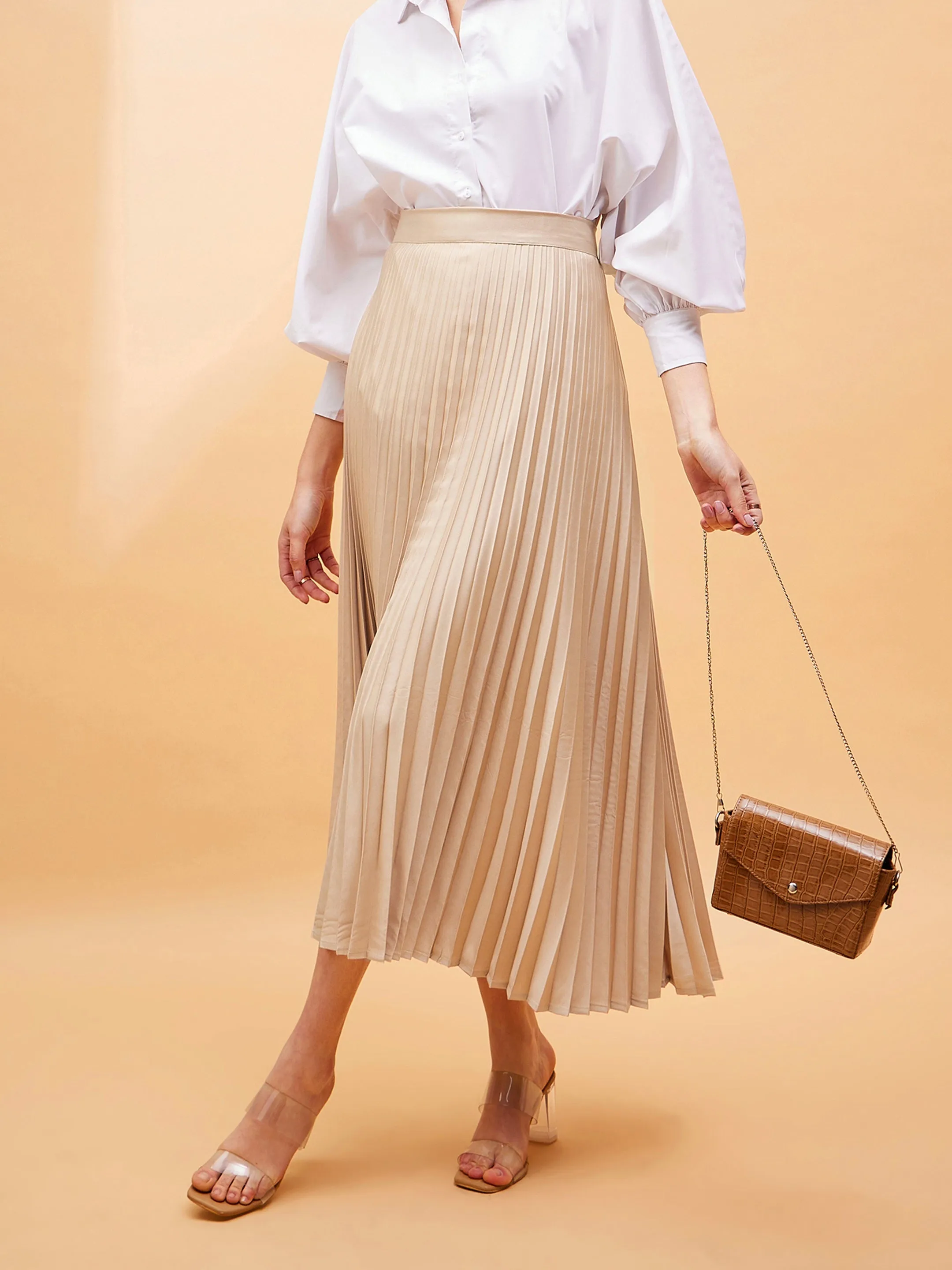 Women Beige Accordion Pleated Belted Midi Skirt