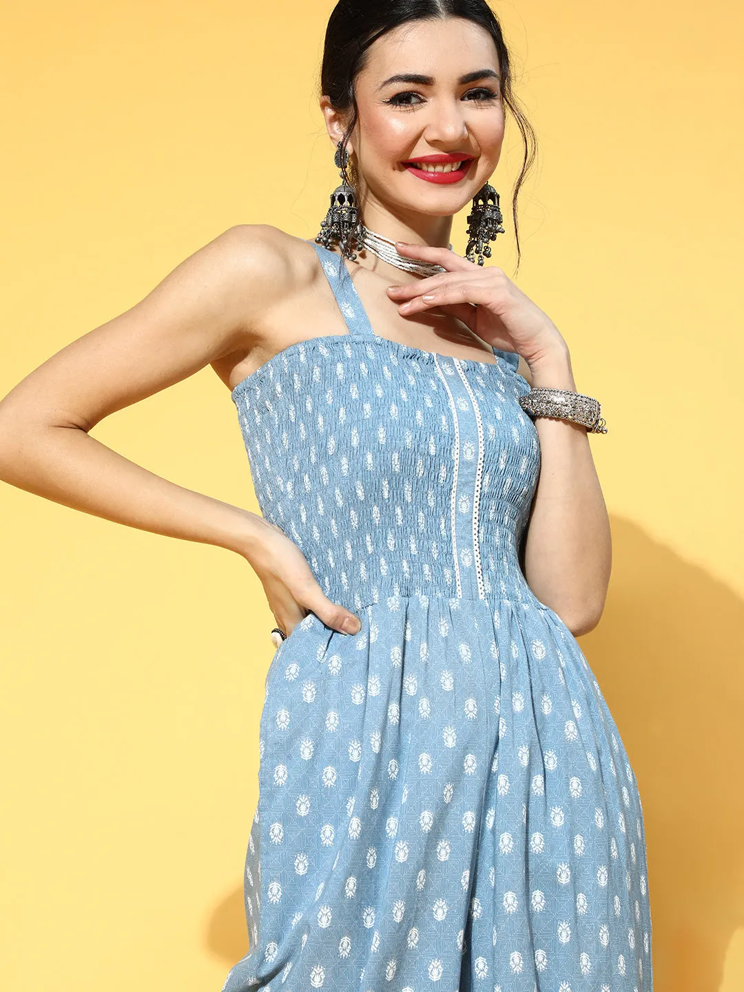 Women Blue Printed Ethnic Jumpsuit