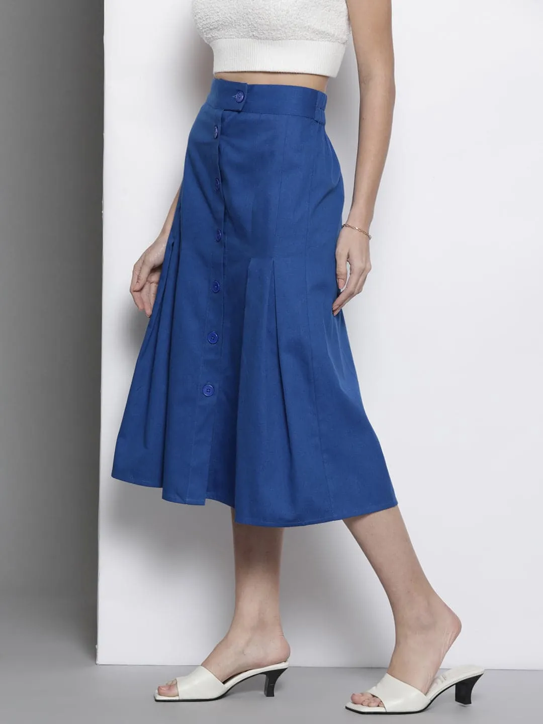 Women Blue Twill Front Button Pleated Skirt