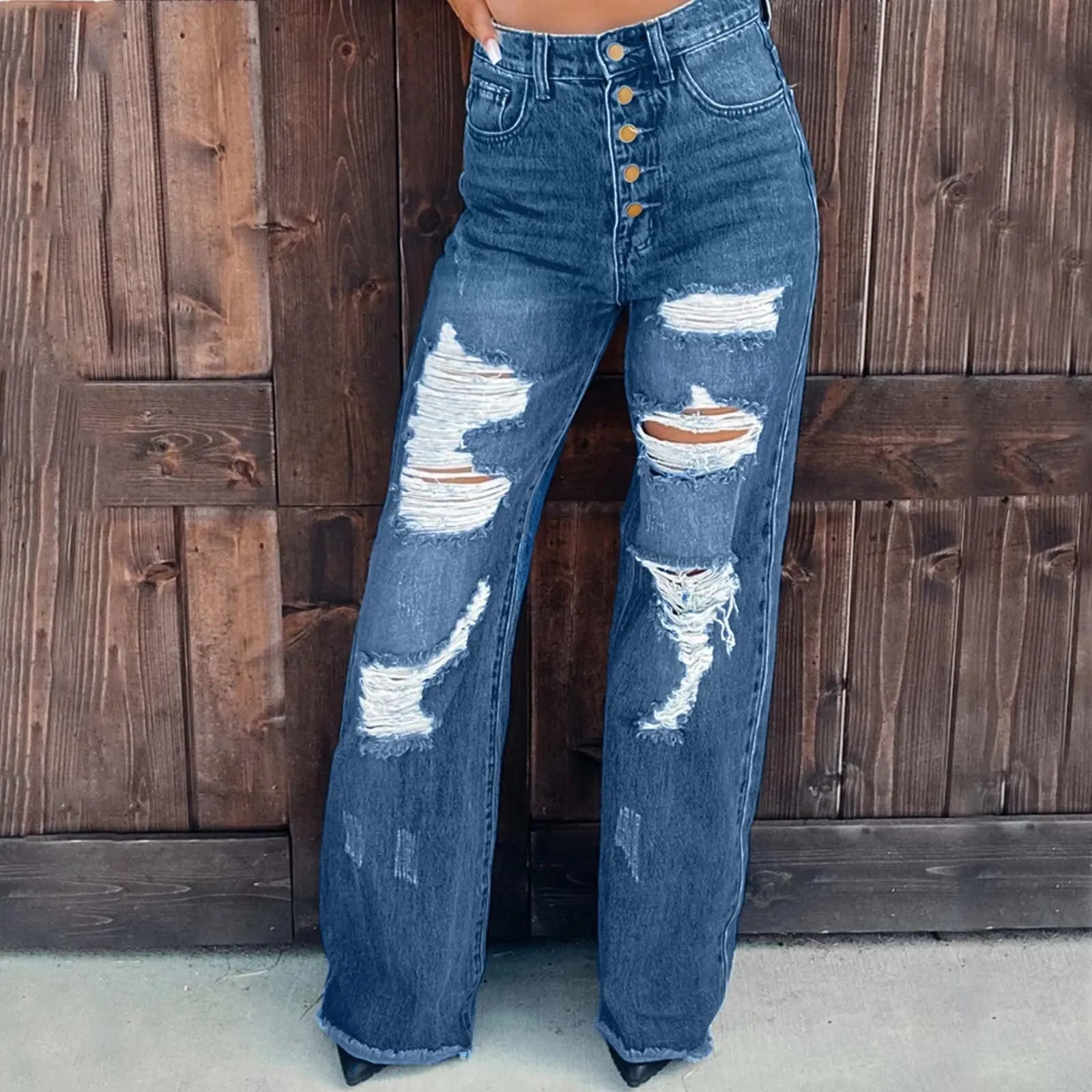 Women Broken Hole Washing Water Blue Casual Jeans Fashion Straight Tube Denim Pants