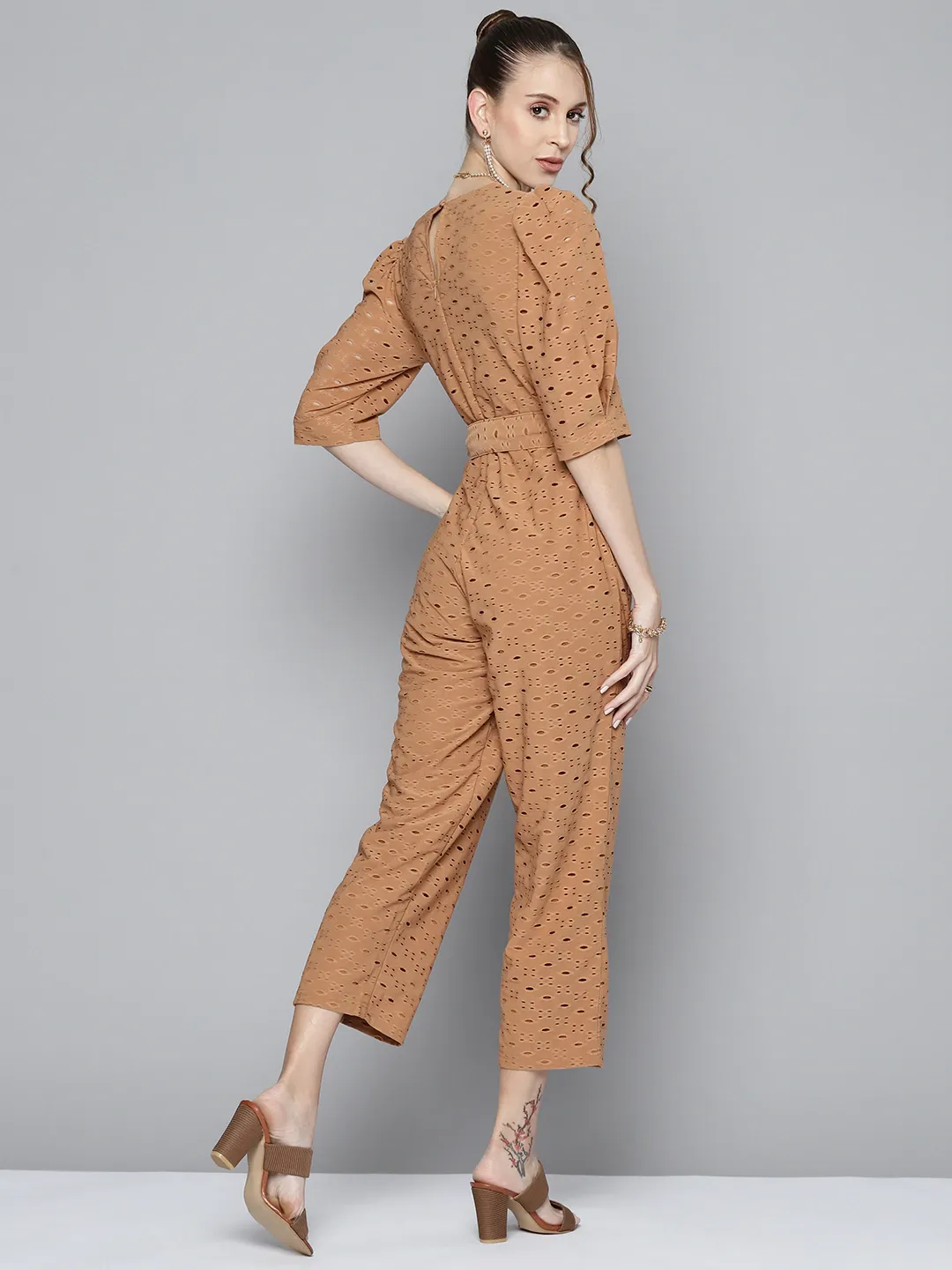 Women Brown Schiffli Power Shoulder Jumpsuit