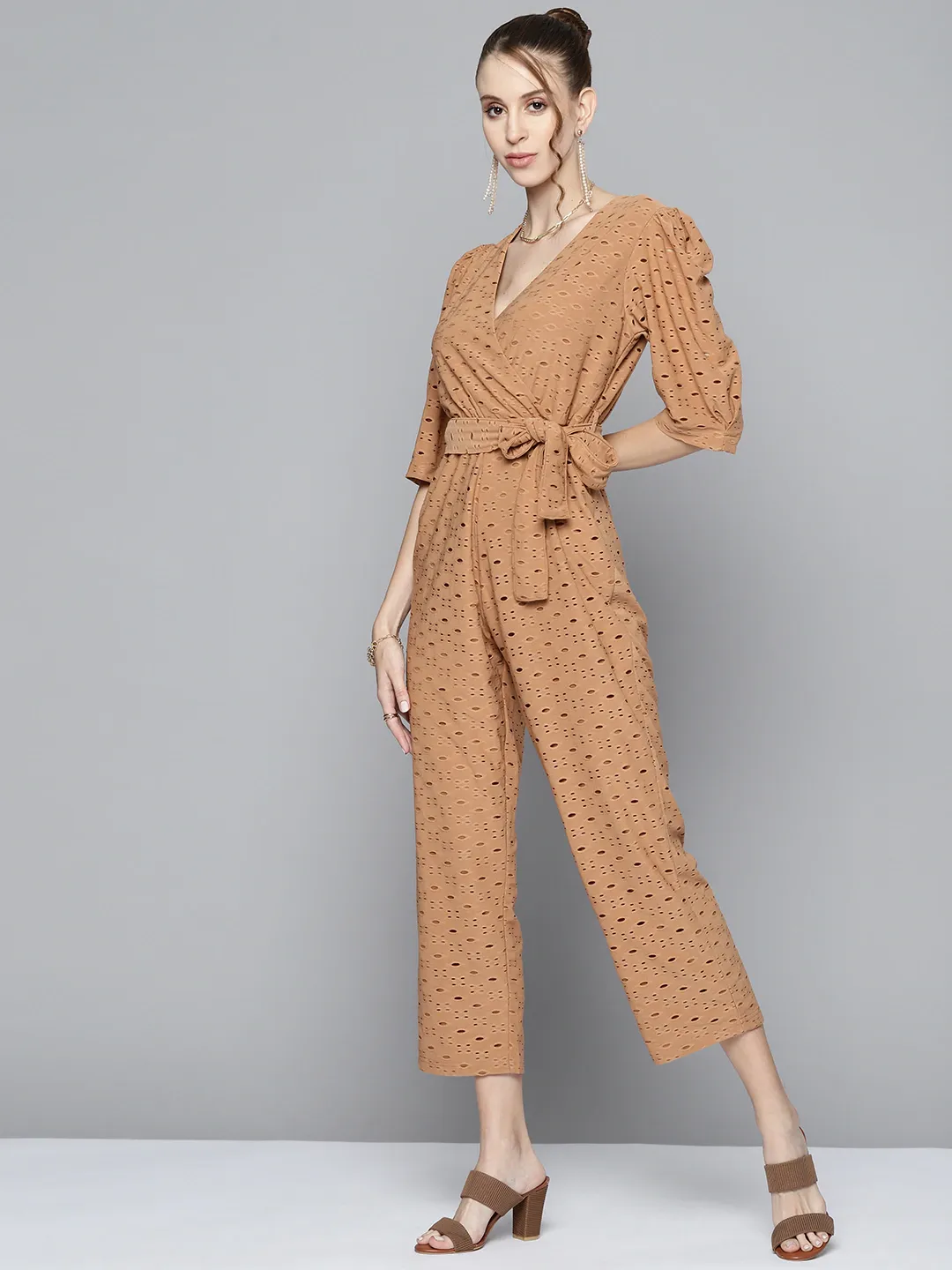 Women Brown Schiffli Power Shoulder Jumpsuit