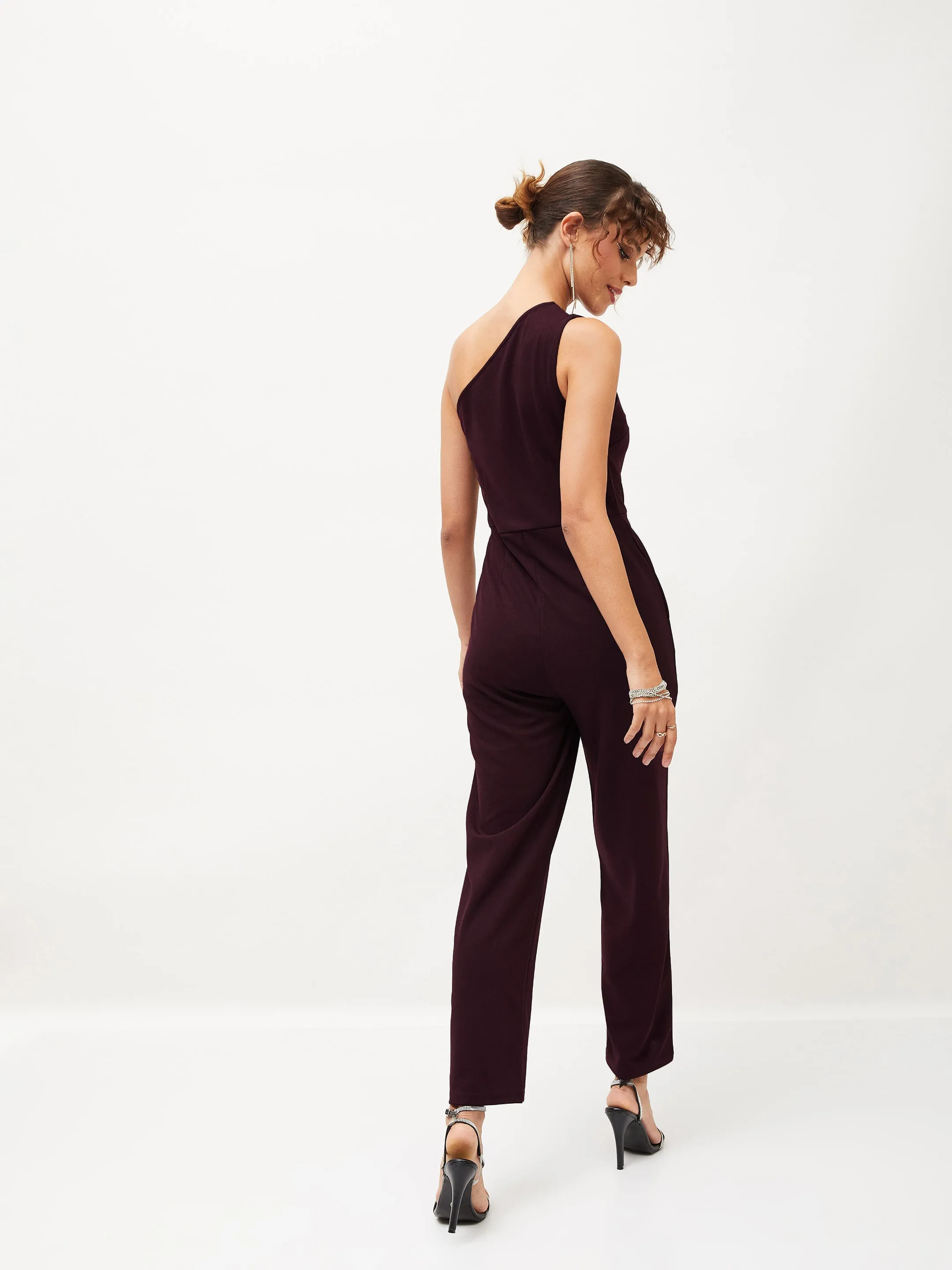 Women Burgundy Diamante One Shoulder Jumpsuit