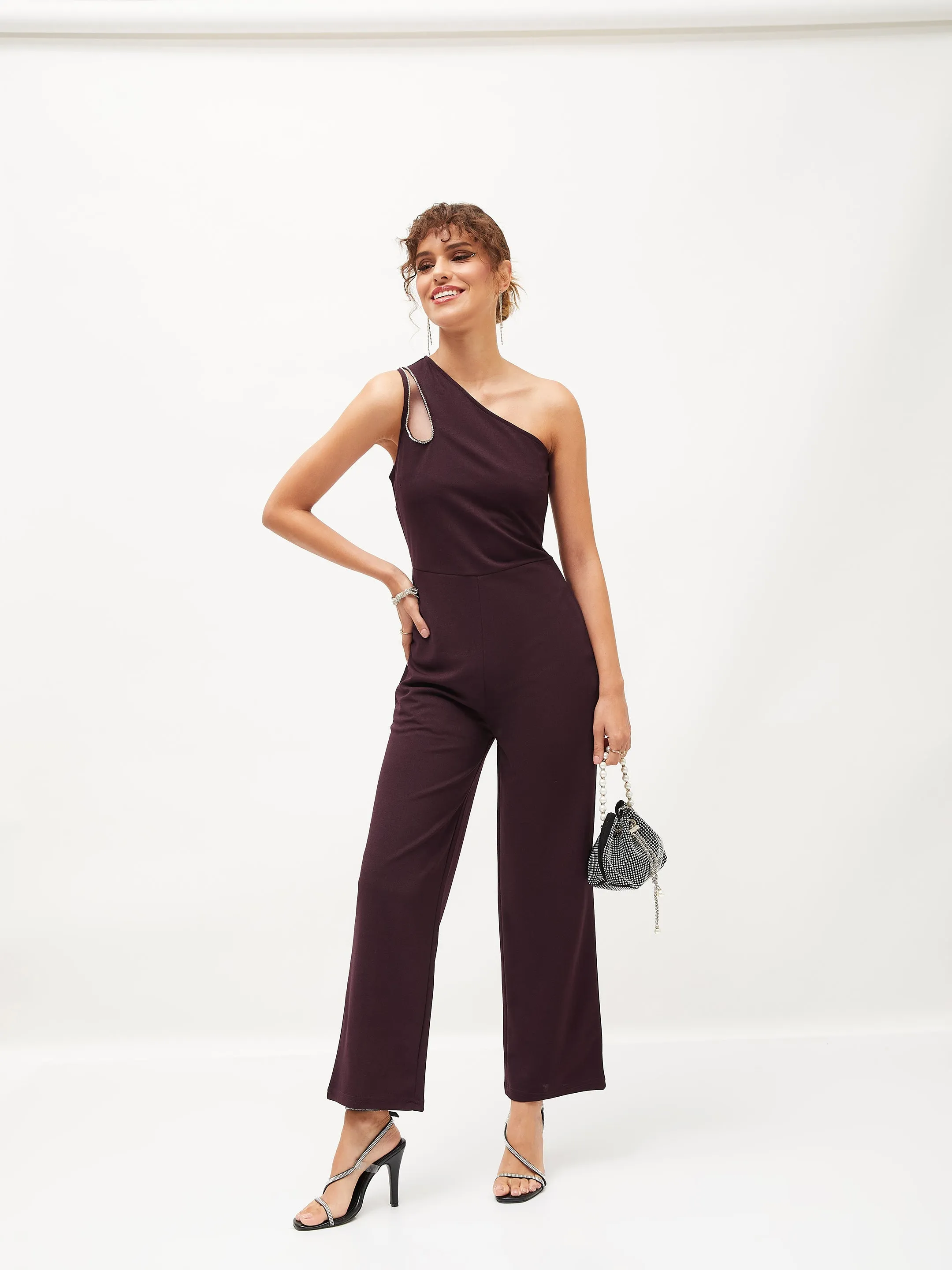 Women Burgundy Diamante One Shoulder Jumpsuit