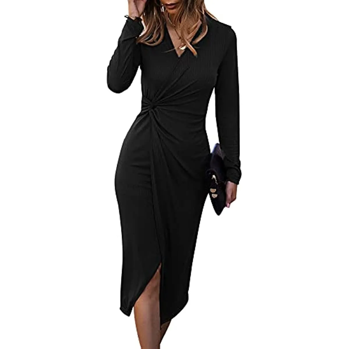 Women Casual Dresses V Neck Long Sleeve Twist Front Waist Ribbed Knit Bodycon Slit Dress Cocktail Party Midi Dress