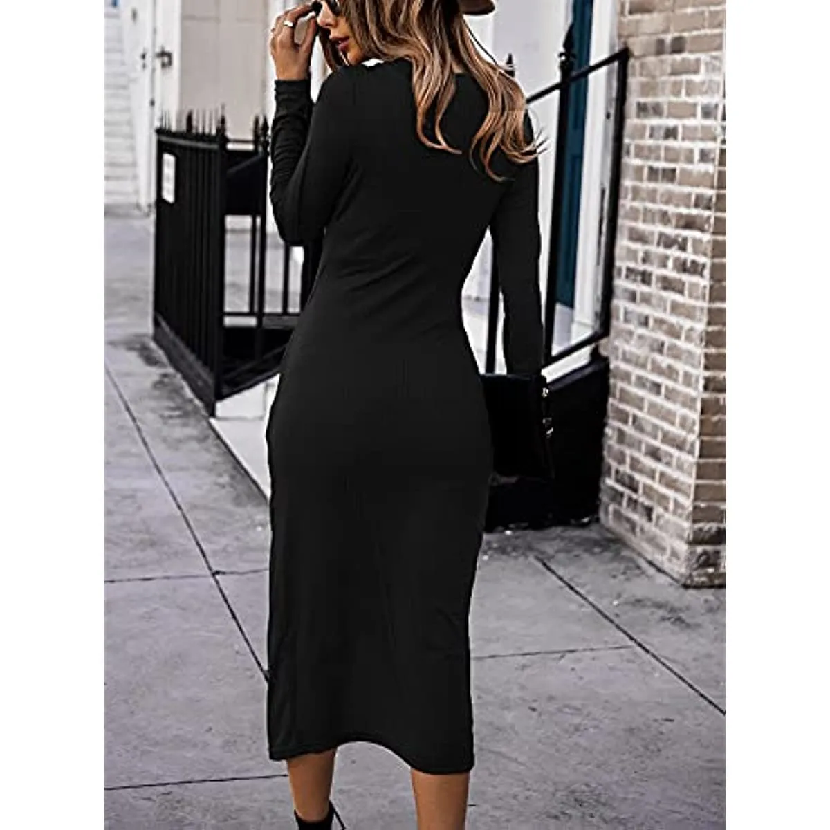 Women Casual Dresses V Neck Long Sleeve Twist Front Waist Ribbed Knit Bodycon Slit Dress Cocktail Party Midi Dress