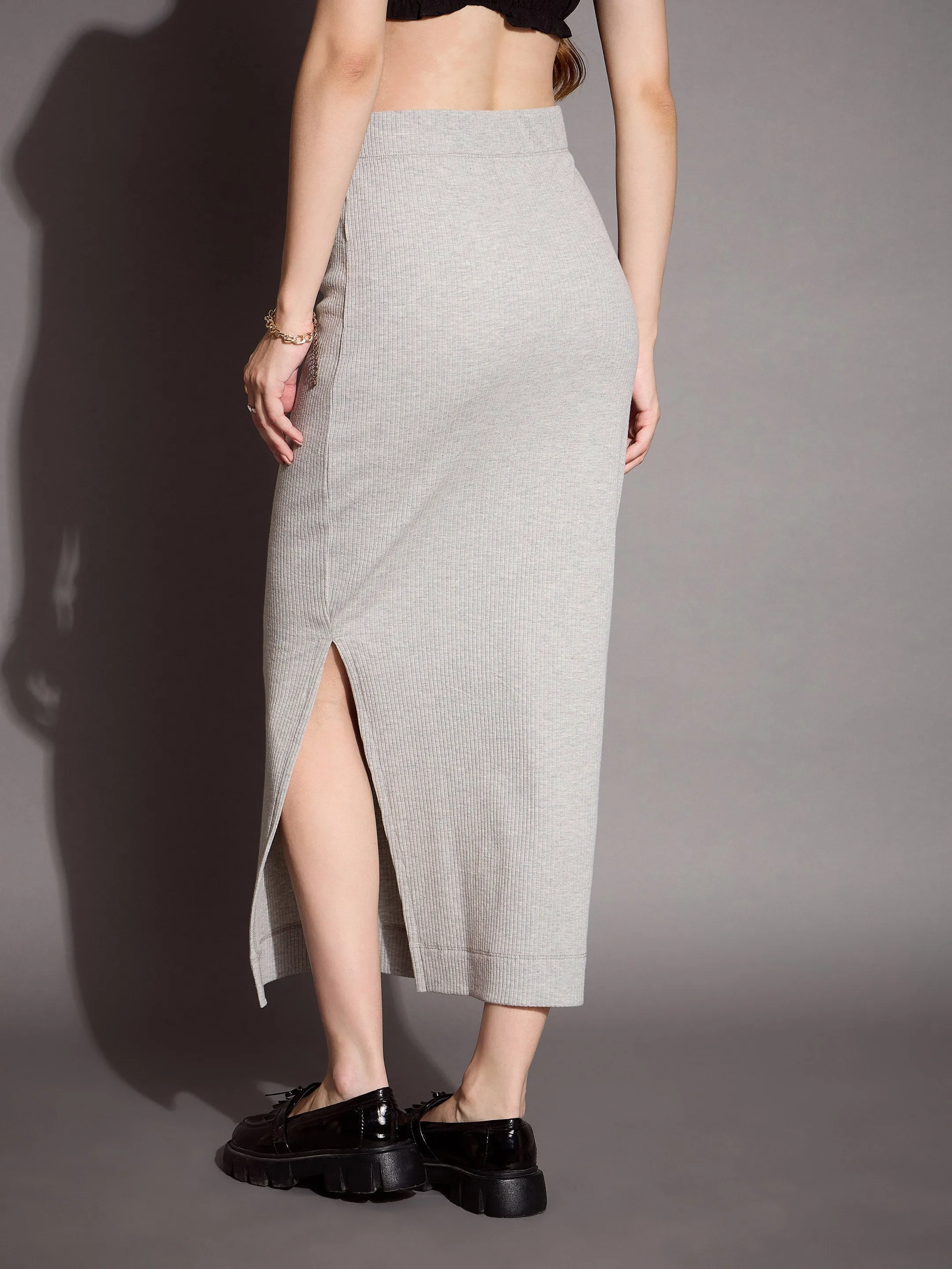 Women Grey Melange Rib Pencil Skirt