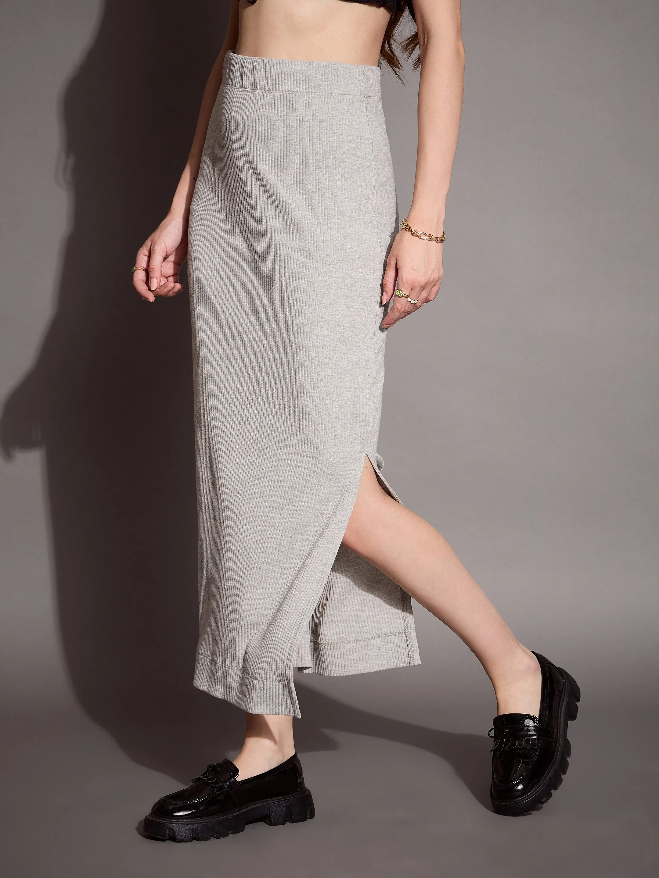 Women Grey Melange Rib Pencil Skirt