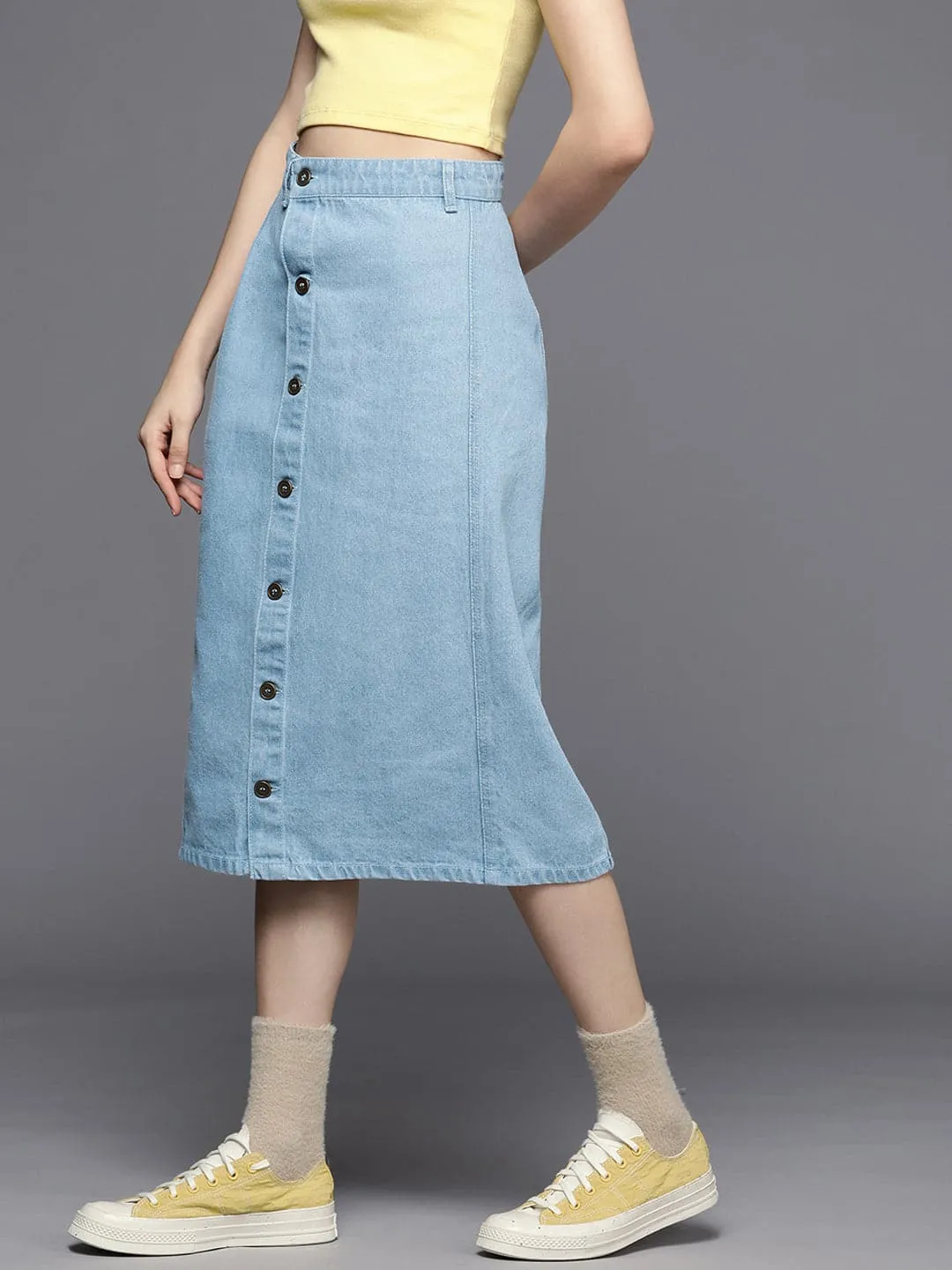 Women Ice Blue Denim Front Button Midi Pencil Skirt