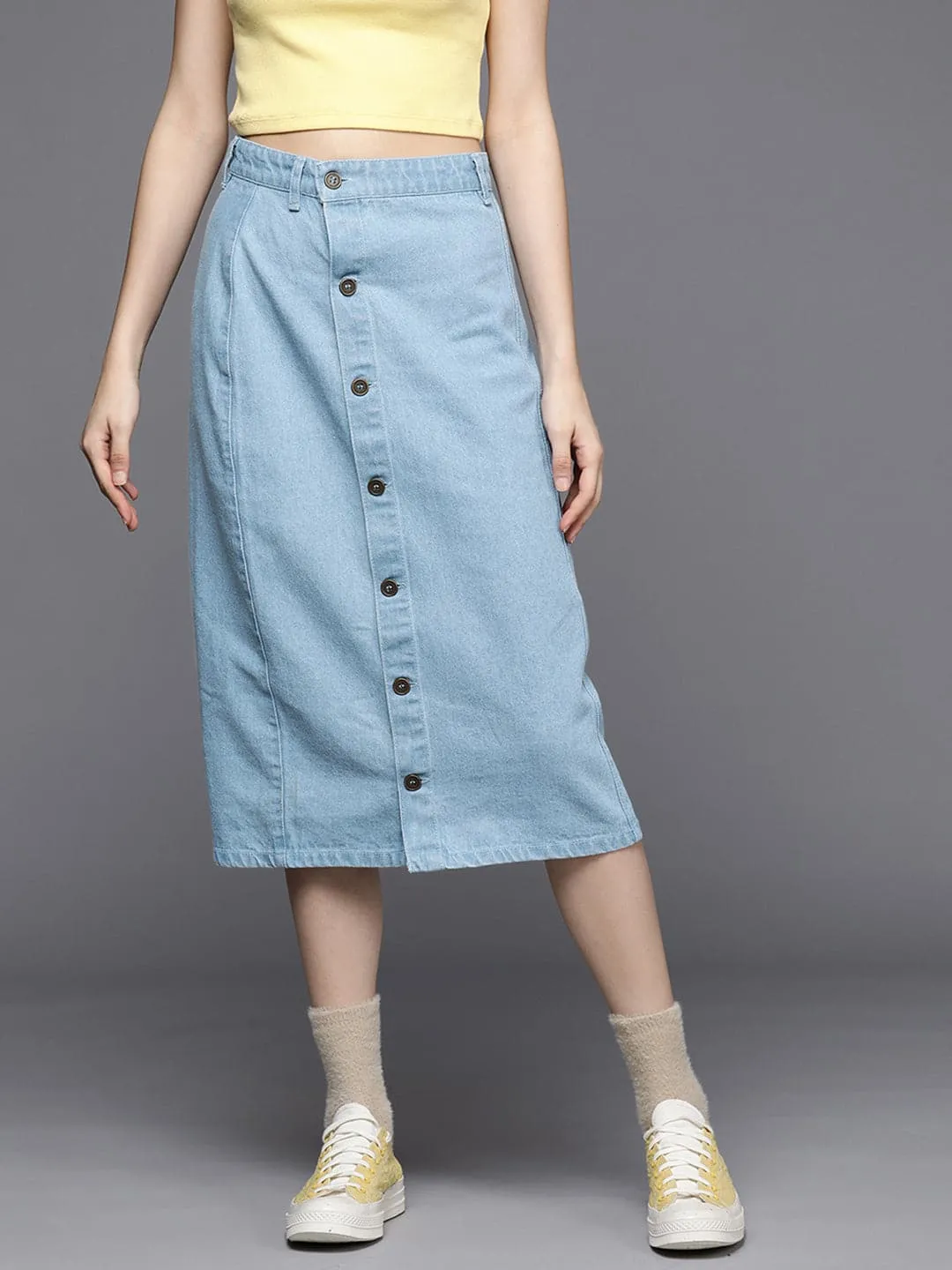 Women Ice Blue Denim Front Button Midi Pencil Skirt