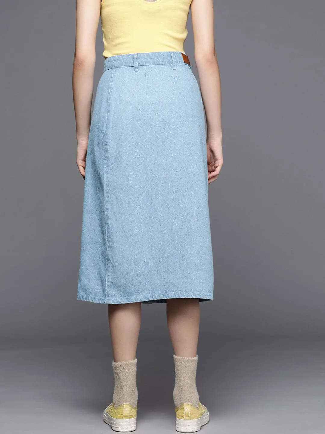 Women Ice Blue Denim Front Button Midi Pencil Skirt