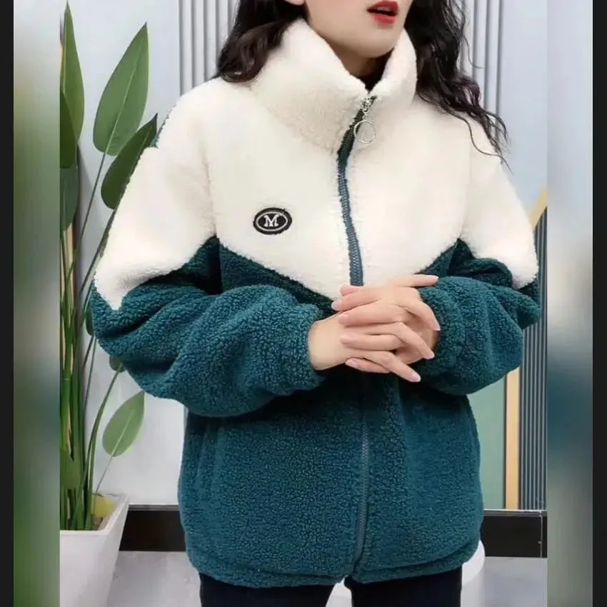 Women Jacket Colored Thickened Lamb Fleece Long Sleeve  kp