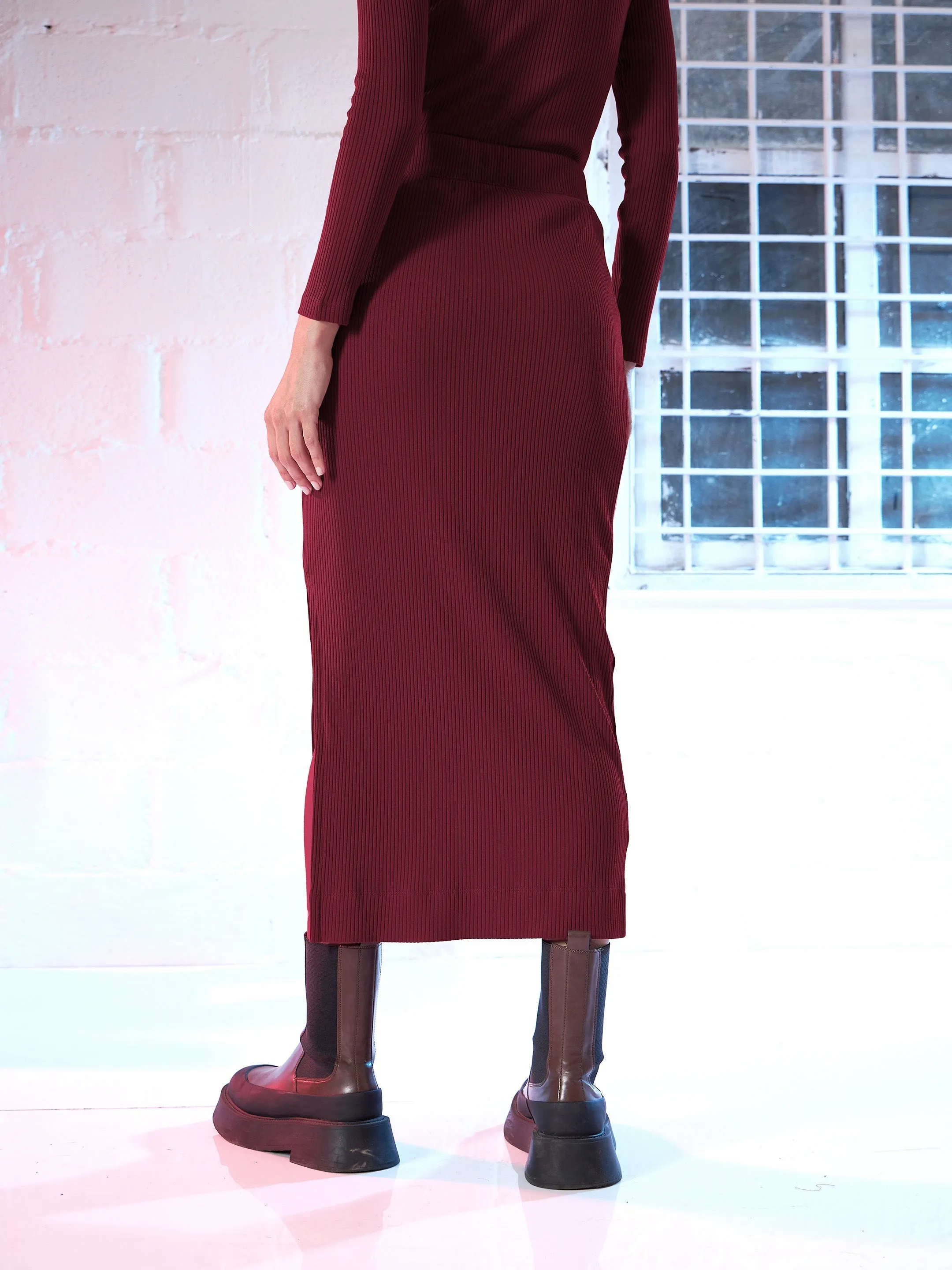 Women Maroon Side Slit Pencil Skirt