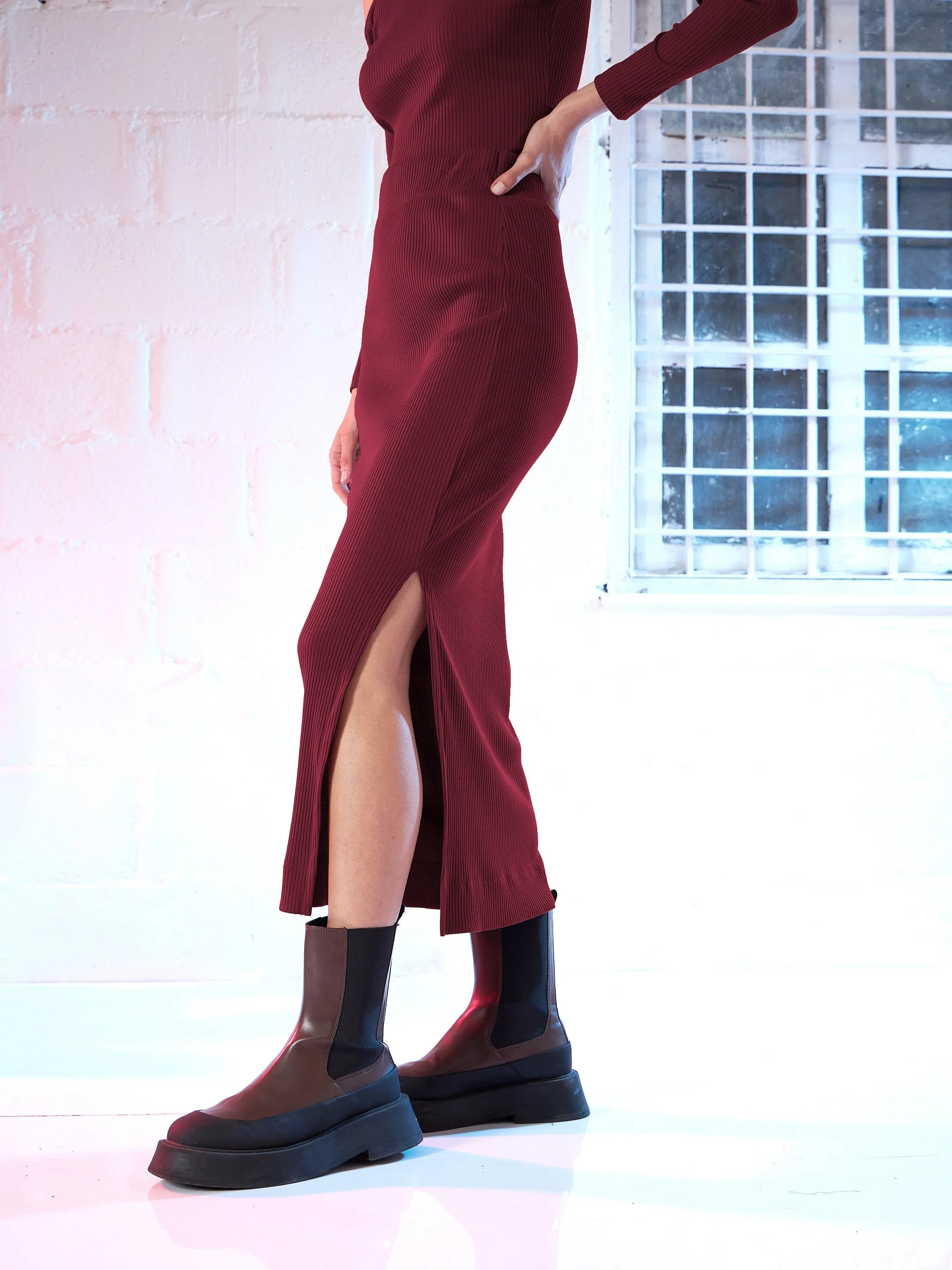 Women Maroon Side Slit Pencil Skirt