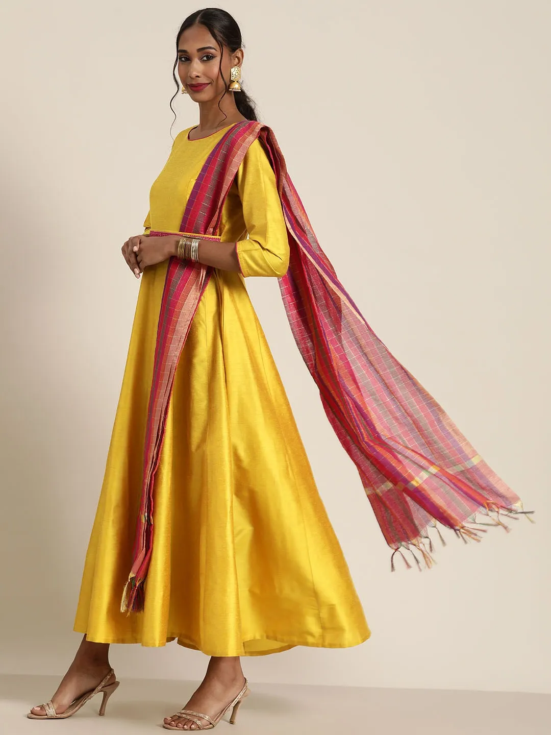 Women Mustard Anarkali Maxi With Fuchsia Striped Dupatta