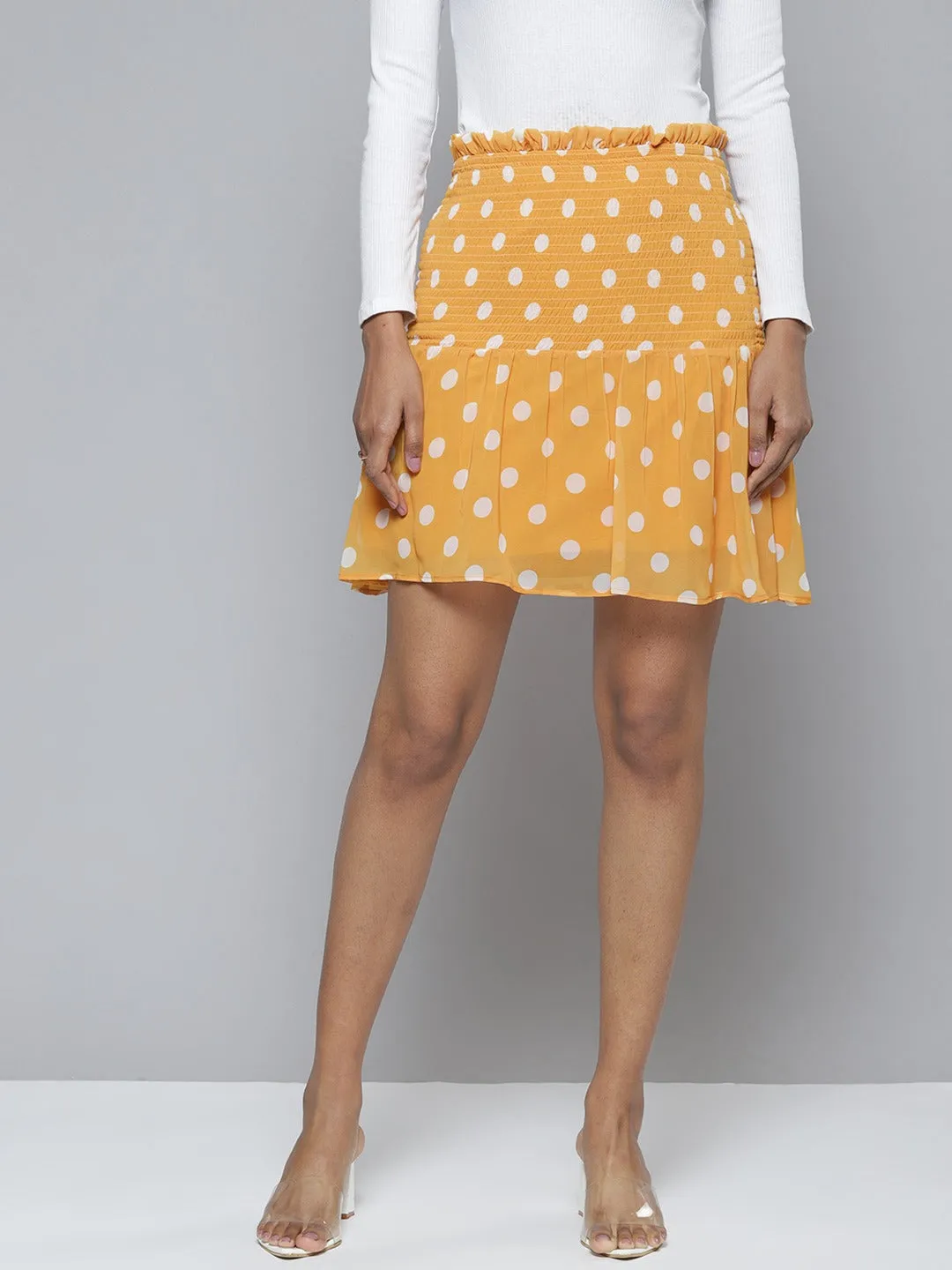 Women Mustard Polka Dot Smocked Waist Mini Skirt