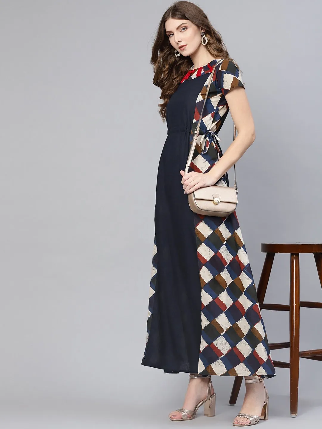 Women Navy Blue & Off-White Printed Maxi Dress