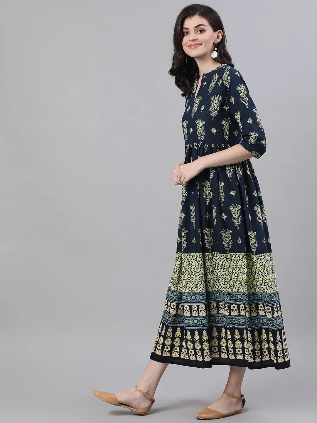 Women Navy Blue Ethnic Motifs Printed Mandarin Collar Cotton Maxi Dress