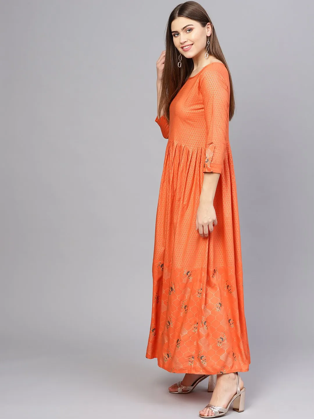 Women Orange & Golden Printed Maxi Dress