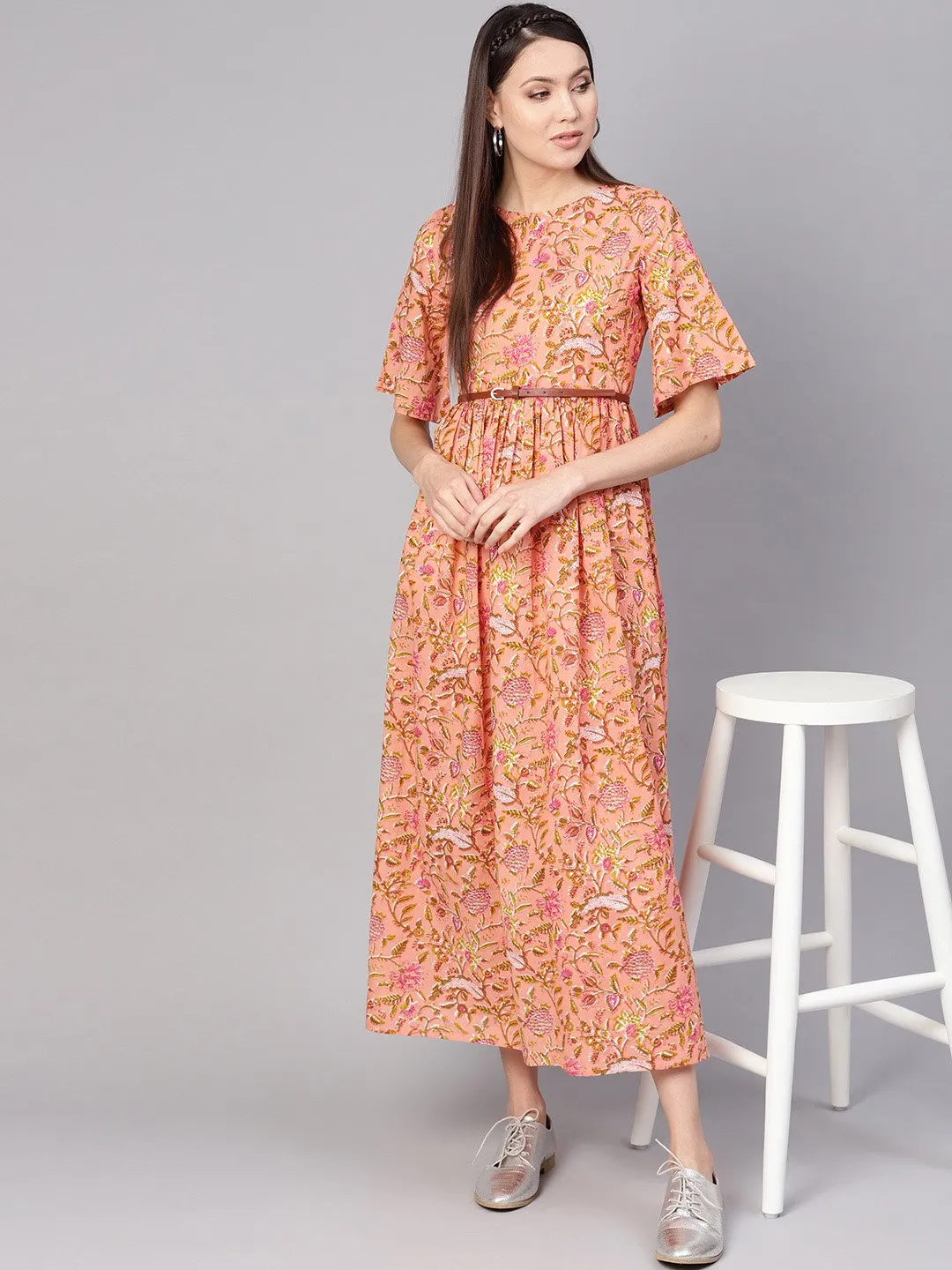 Women Peach-Coloured & Green Printed Maxi Dress