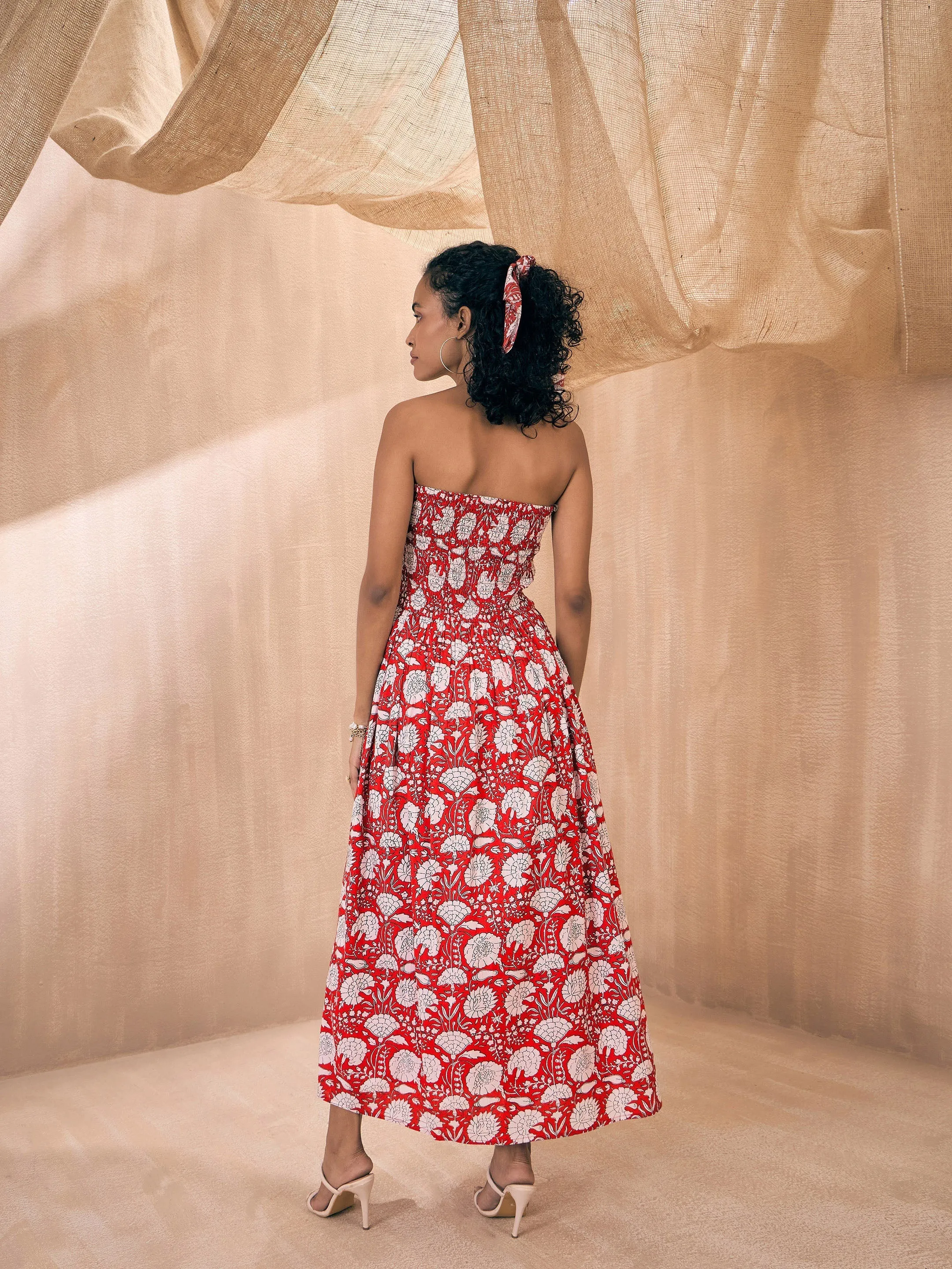 Women Red Floral Smocked Bust Tube Maxi