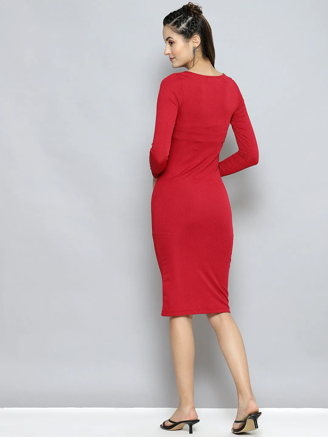 Women Red Rib Sweetheart Neck Bodycon Midi Dress