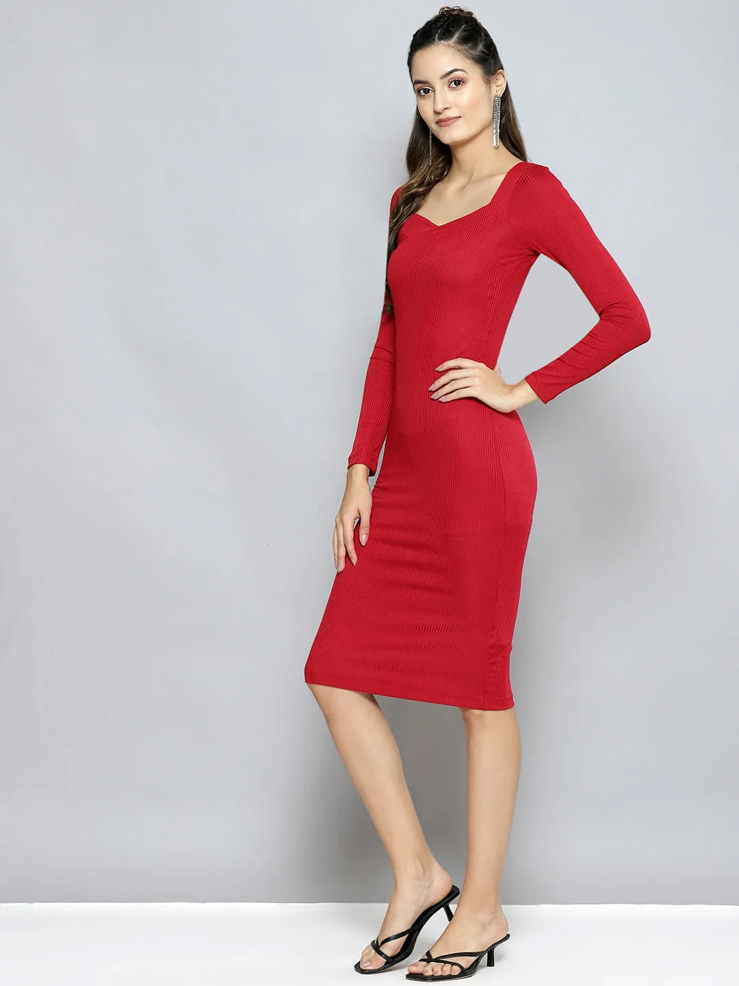 Women Red Rib Sweetheart Neck Bodycon Midi Dress