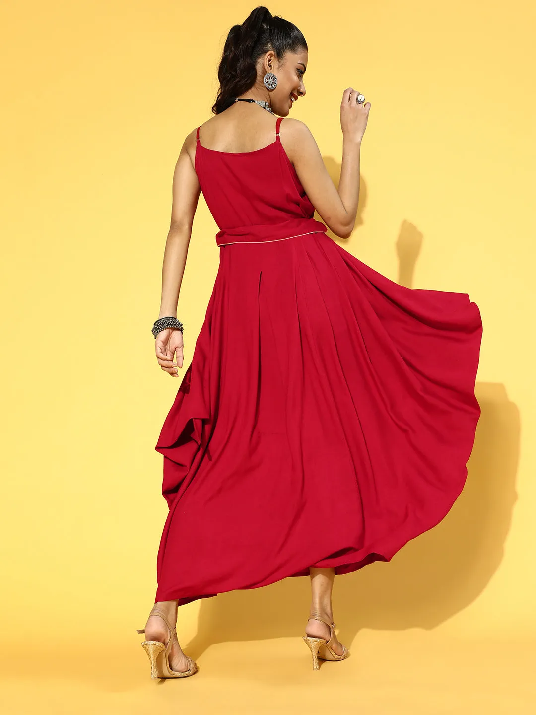 Women Red Solid Shoulder Straps Rayon Liva Maxi Dress With Fabric Belt