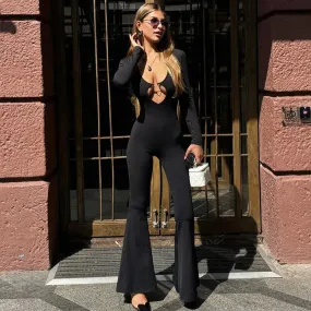 Women Sexy  Long Sleeve Flared Pants V Neck Skinny Jumpsuit