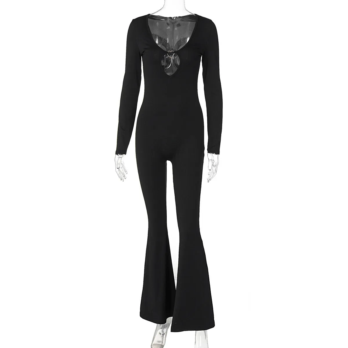 Women Sexy  Long Sleeve Flared Pants V Neck Skinny Jumpsuit