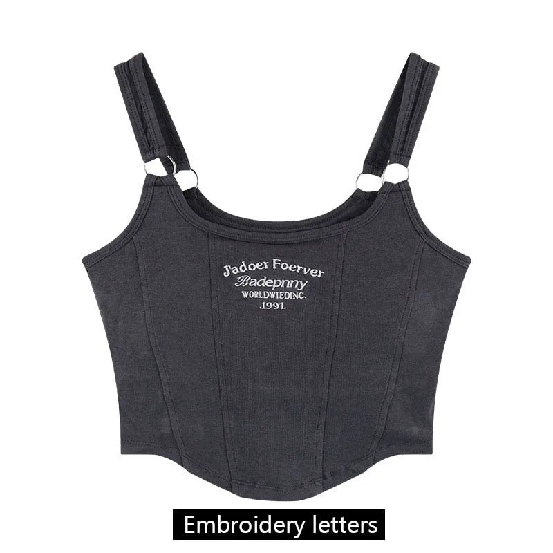 Women Sleeveless Crop Top Tank Tops Sexy Vest Letters Y2K Solid Color Short Women&#39;s T-shirt Camisole Crop Top With Bra Pad