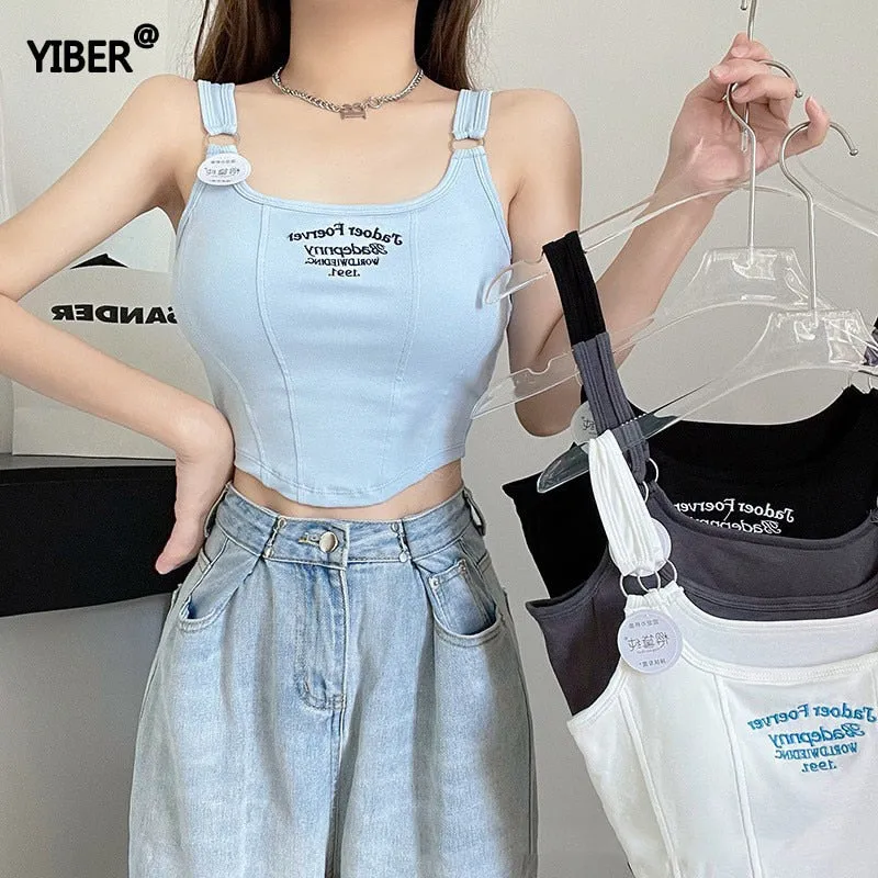 Women Sleeveless Crop Top Tank Tops Sexy Vest Letters Y2K Solid Color Short Women&#39;s T-shirt Camisole Crop Top With Bra Pad