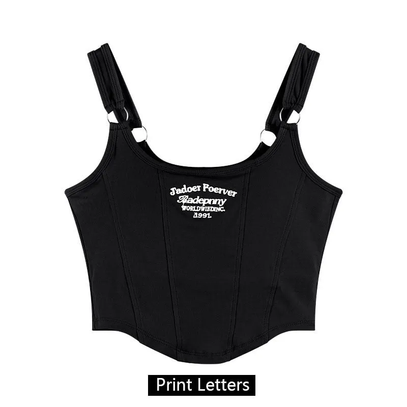 Women Sleeveless Crop Top Tank Tops Sexy Vest Letters Y2K Solid Color Short Women&#39;s T-shirt Camisole Crop Top With Bra Pad