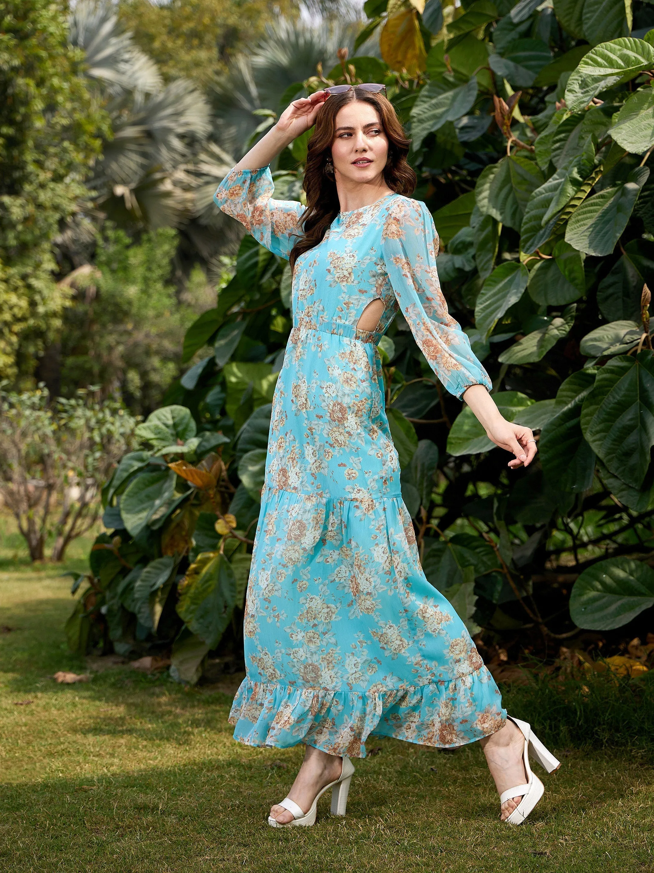 Women Turquoise Floral Waist Cut Out Maxi Dress