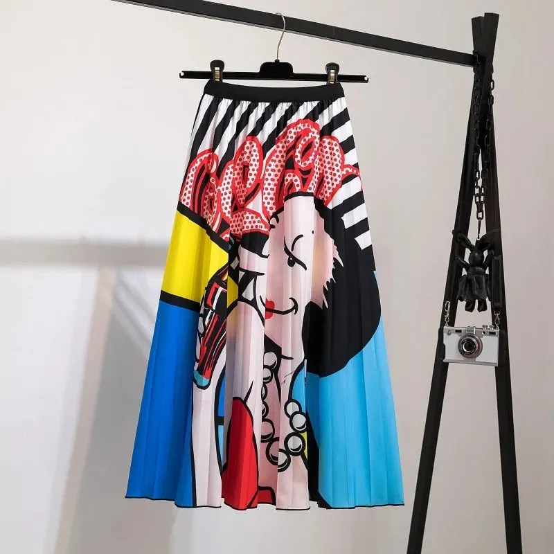 Women's Cartoon Printed Pleated Skirt