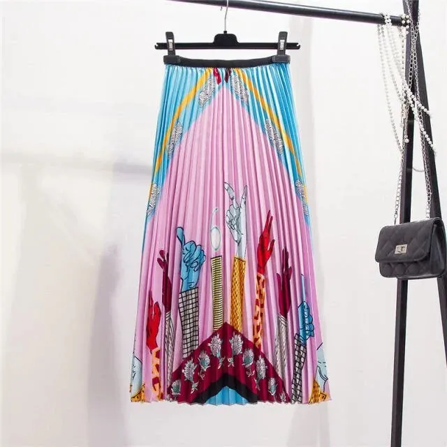 Women's Cartoon Printed Pleated Skirt