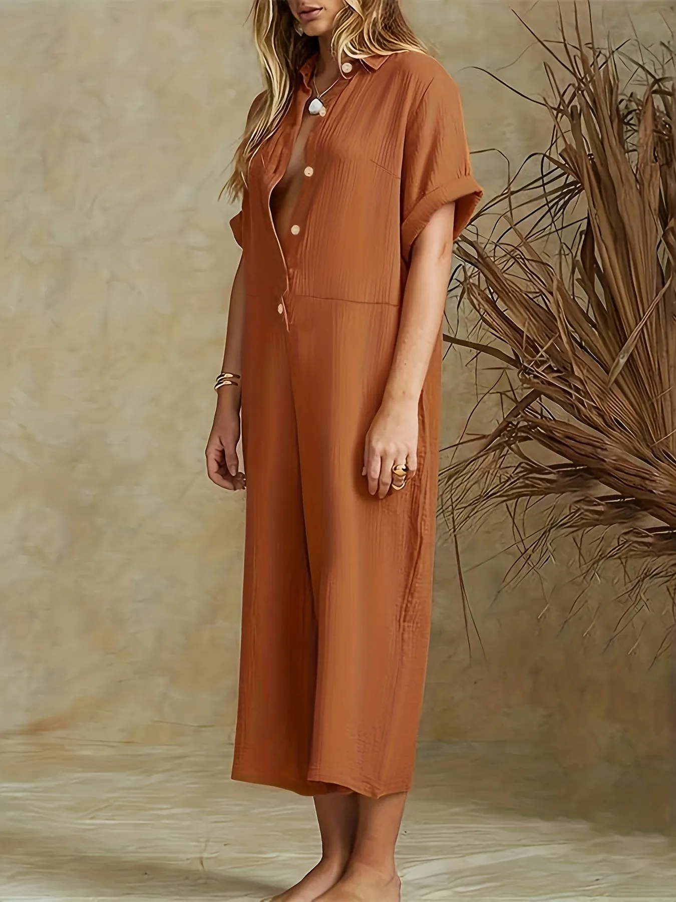 Women's Plus Plain Button Up Wide Leg Jumpsuit